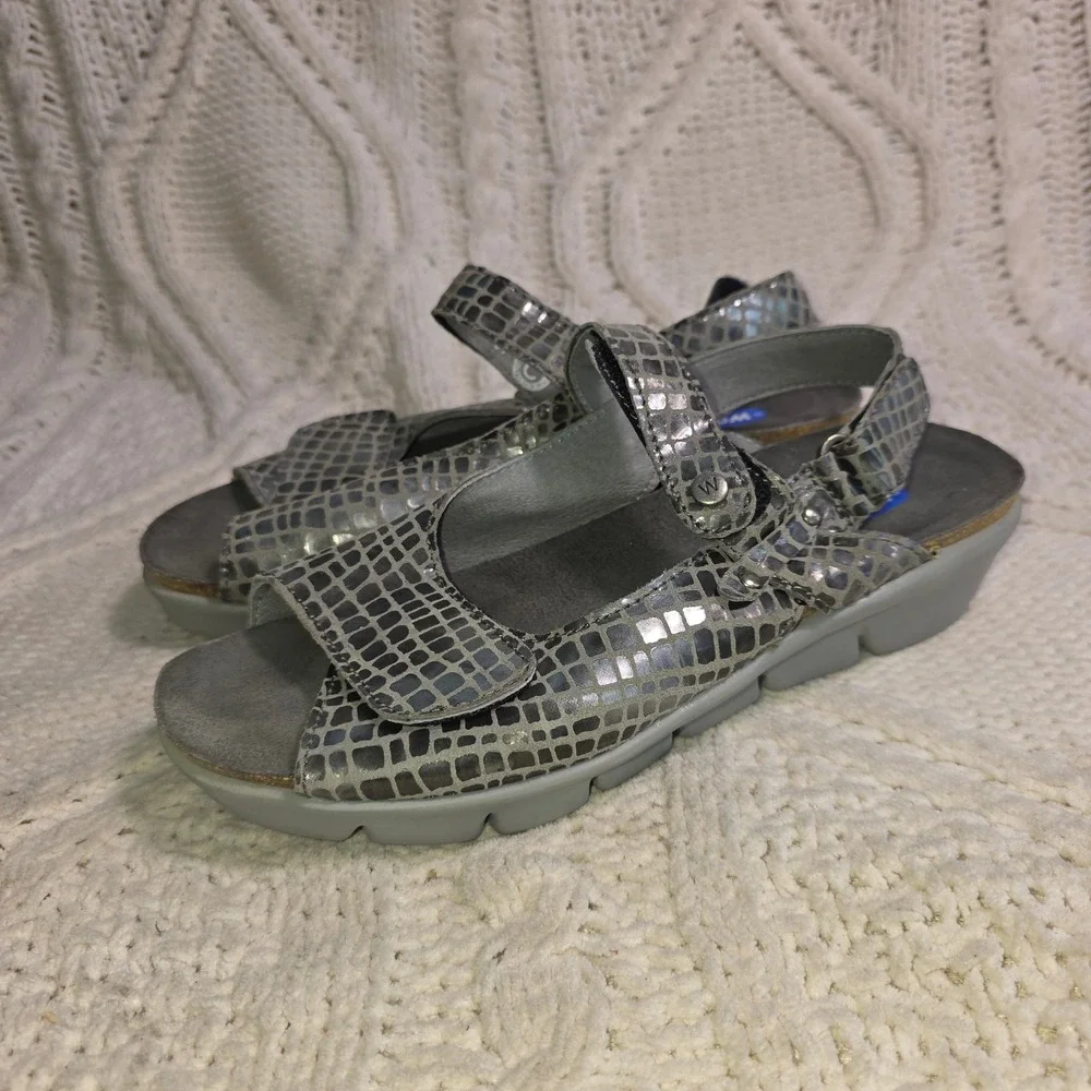 Wolky Sandals Jewel‎ Slingback Silver Metallic Snake Print Women 37 Excellent